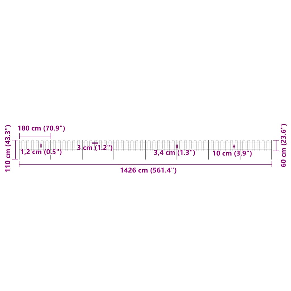 Cerca de jardim com arco superior em aço 1426 x 150 cm, preta