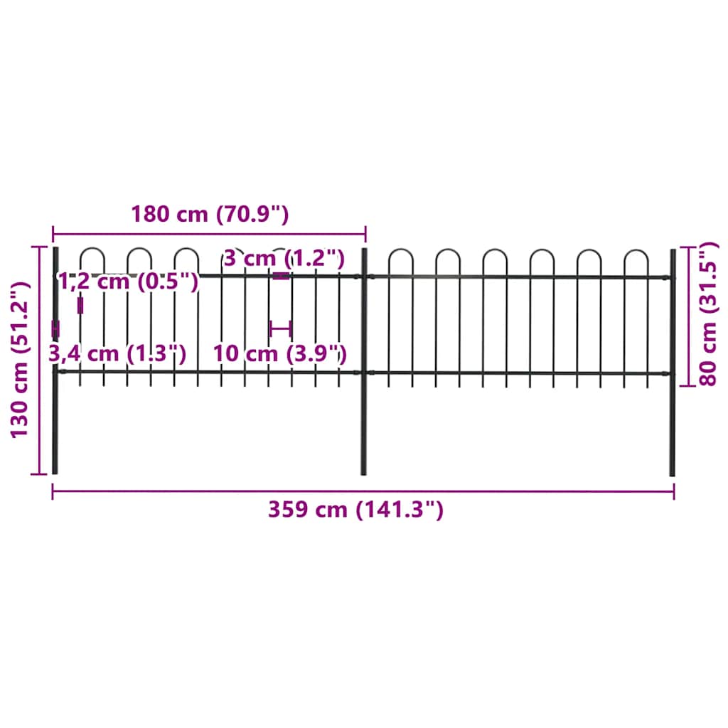 Cerca de jardim com arco superior em aço 359x150 cm preta