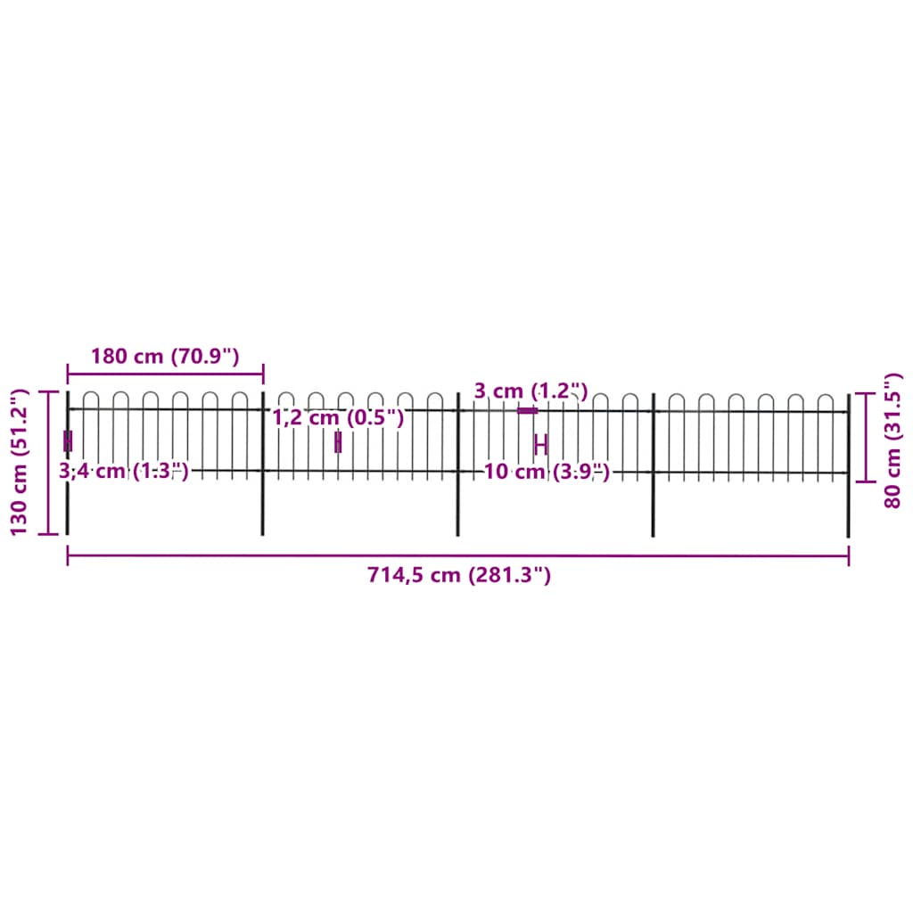 Cerca de jardim com arco superior em aço 714,5x150 cm preta