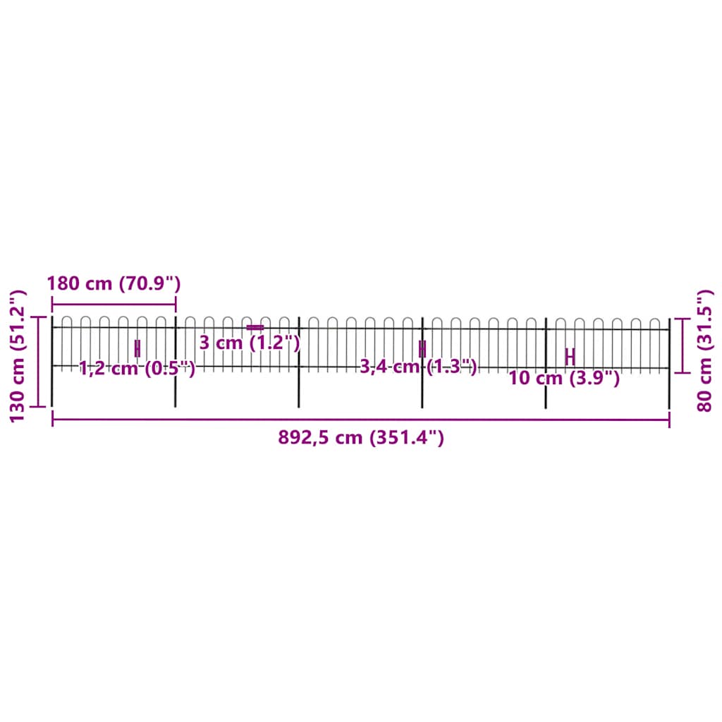 Cerca de jardim com arco superior em aço 892,5x150 cm preta