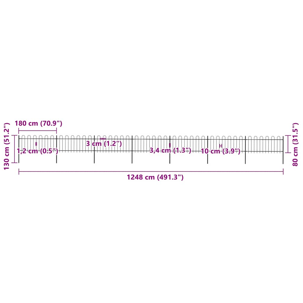 Cerca de jardim com arco superior em aço 1248x150 cm preta