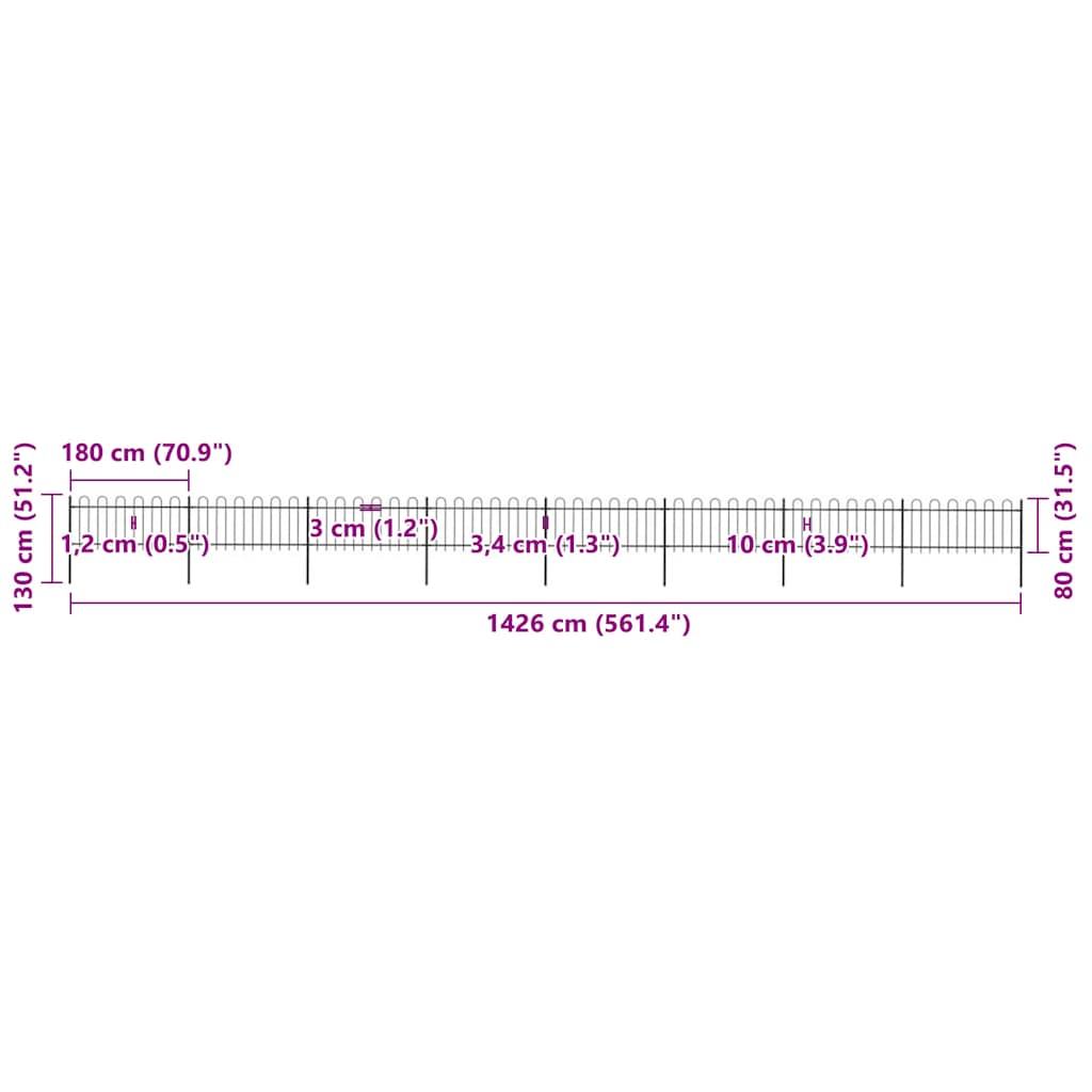 Cerca de jardim com arco superior em aço 1426 x 150 cm, preta