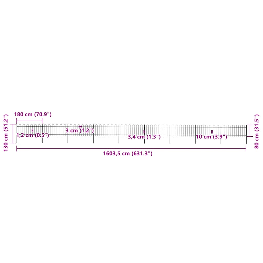 Cerca de jardim com arco superior em aço 1603,5x150 cm preta
