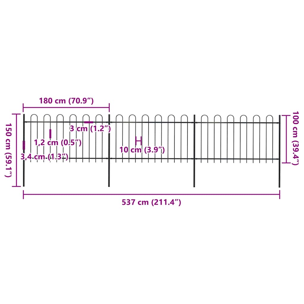 Cerca de jardim com arco superior em aço 537x120 cm preta
