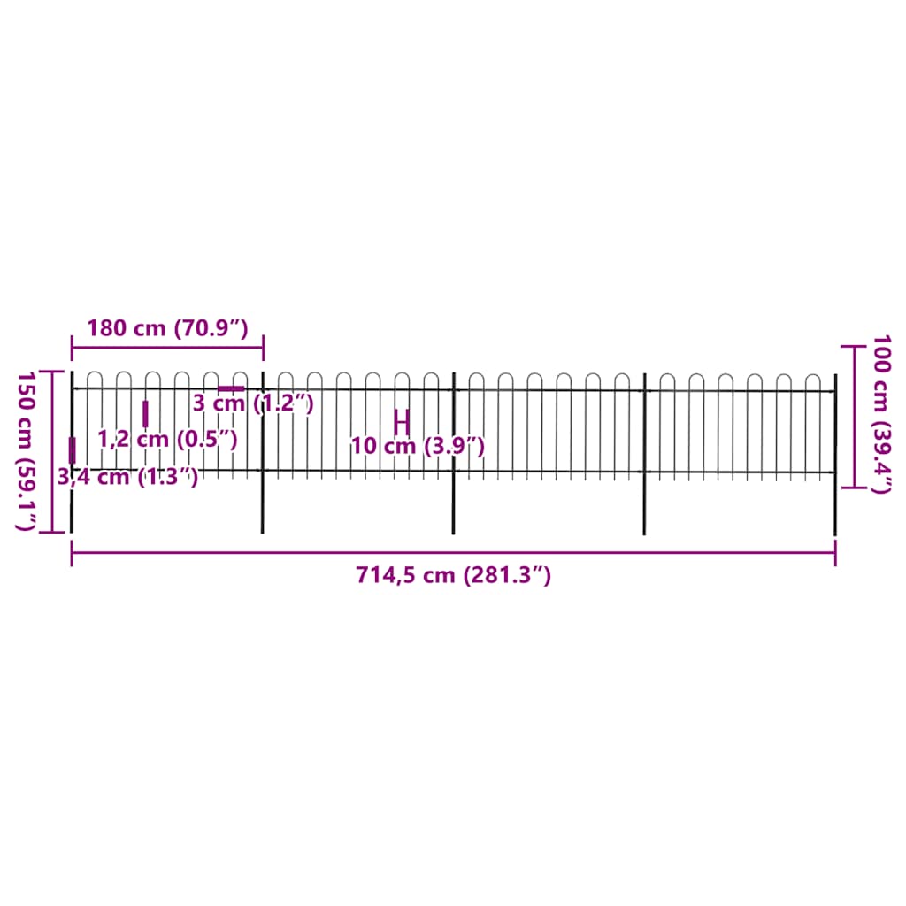 Cerca de jardim com arco superior em aço 714,5x150 cm preta