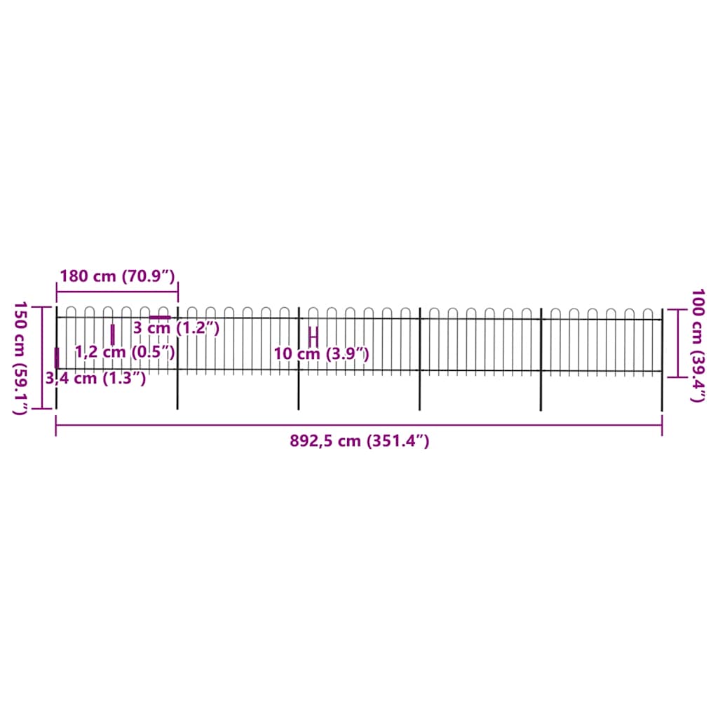 Cerca de jardim com arco superior em aço 892,5x150 cm preta