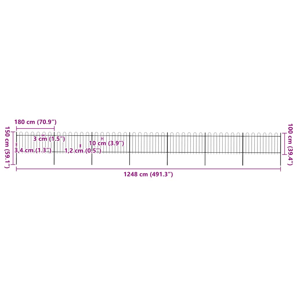 Cerca de jardim com arco superior em aço 1248x150 cm preta