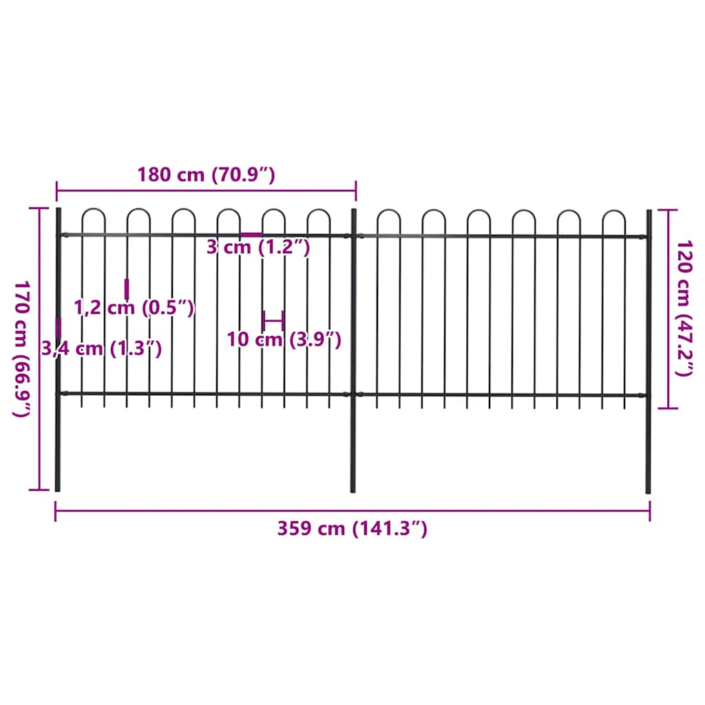 Cerca de jardim com arco superior em aço 359x150 cm preta