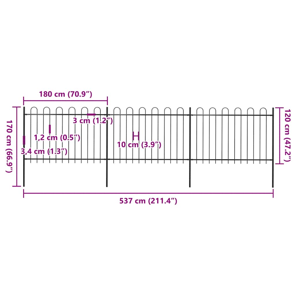 Cerca de jardim com arco superior em aço 537x120 cm preta