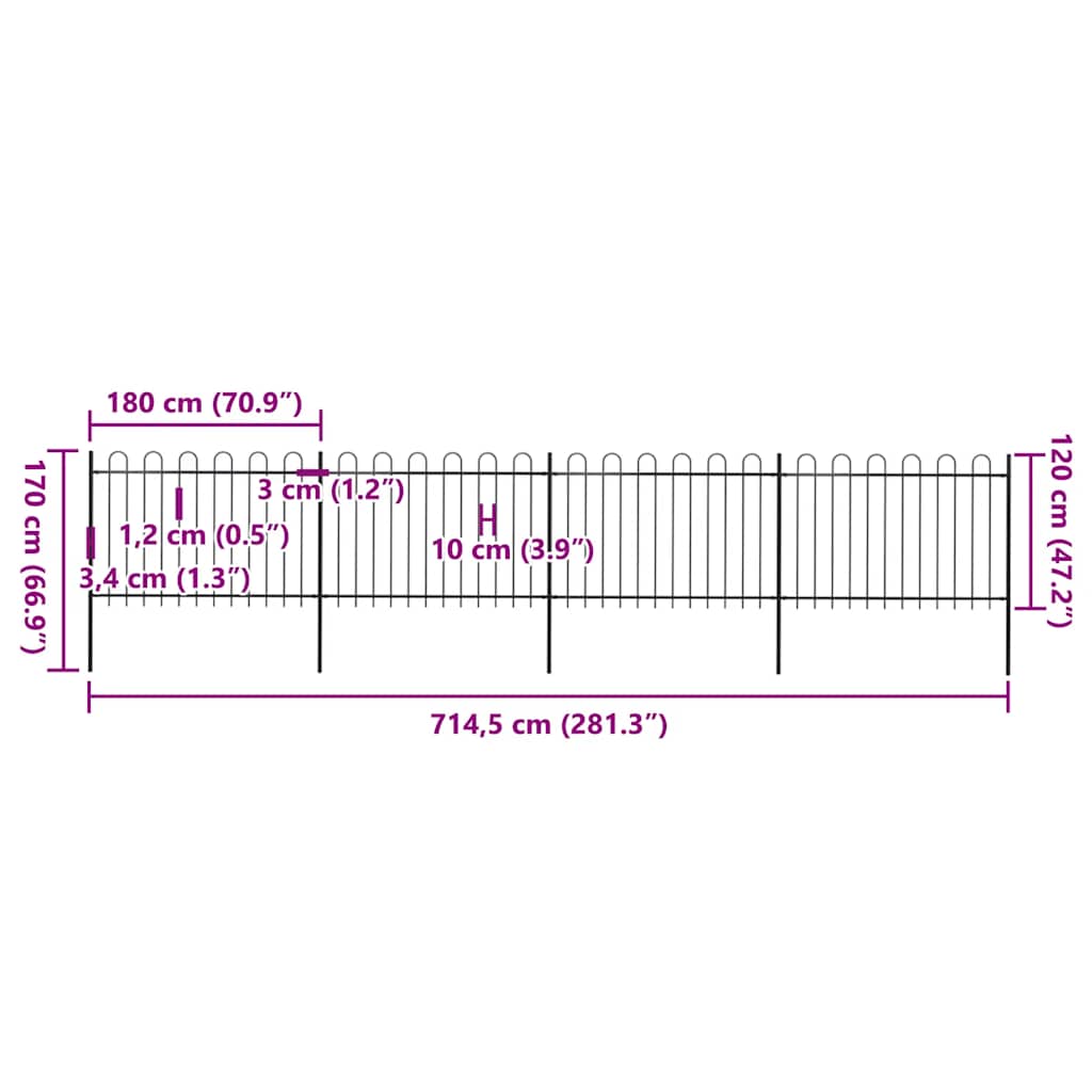 Cerca de jardim com arco superior em aço 714,5x150 cm preta