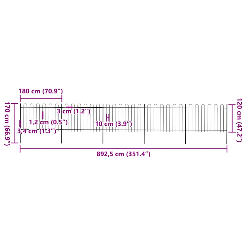 Cerca de jardim com arco superior em aço 892,5x150 cm preta