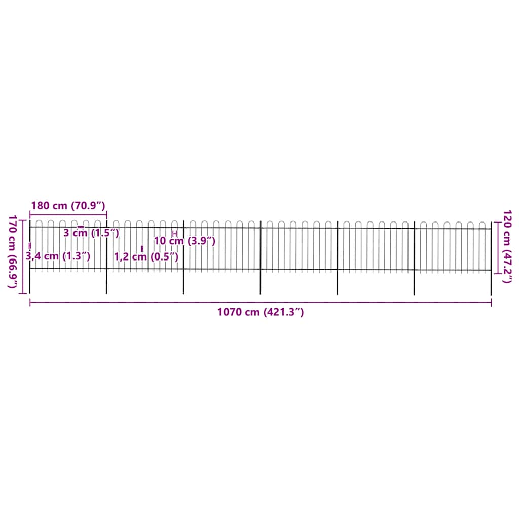 Cerca de jardim com arco superior em aço 1070x150 cm preta
