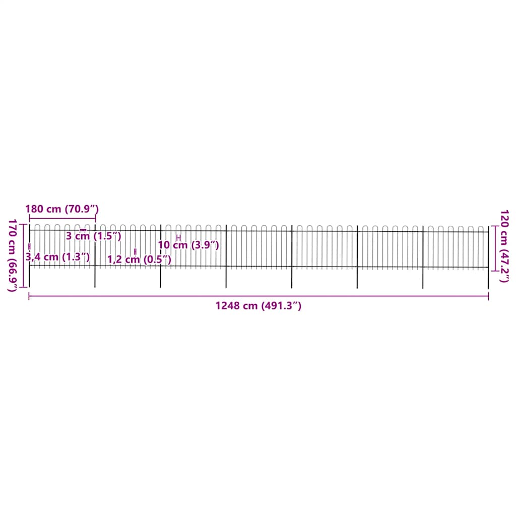 Cerca de jardim com arco superior em aço 1248x150 cm preta