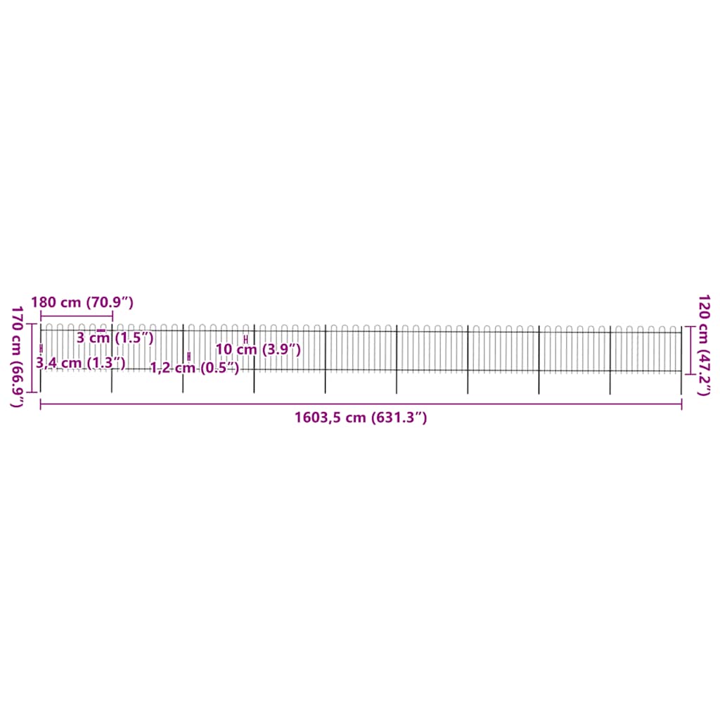 Cerca de jardim com arco superior em aço 1603,5x150 cm preta