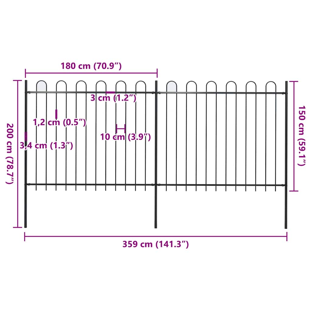 Cerca de jardim com arco superior em aço 359x150 cm preta