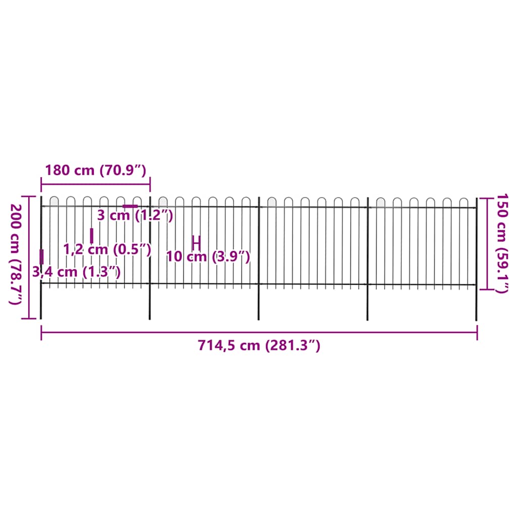 Cerca de jardim com arco superior em aço 714,5x150 cm preta