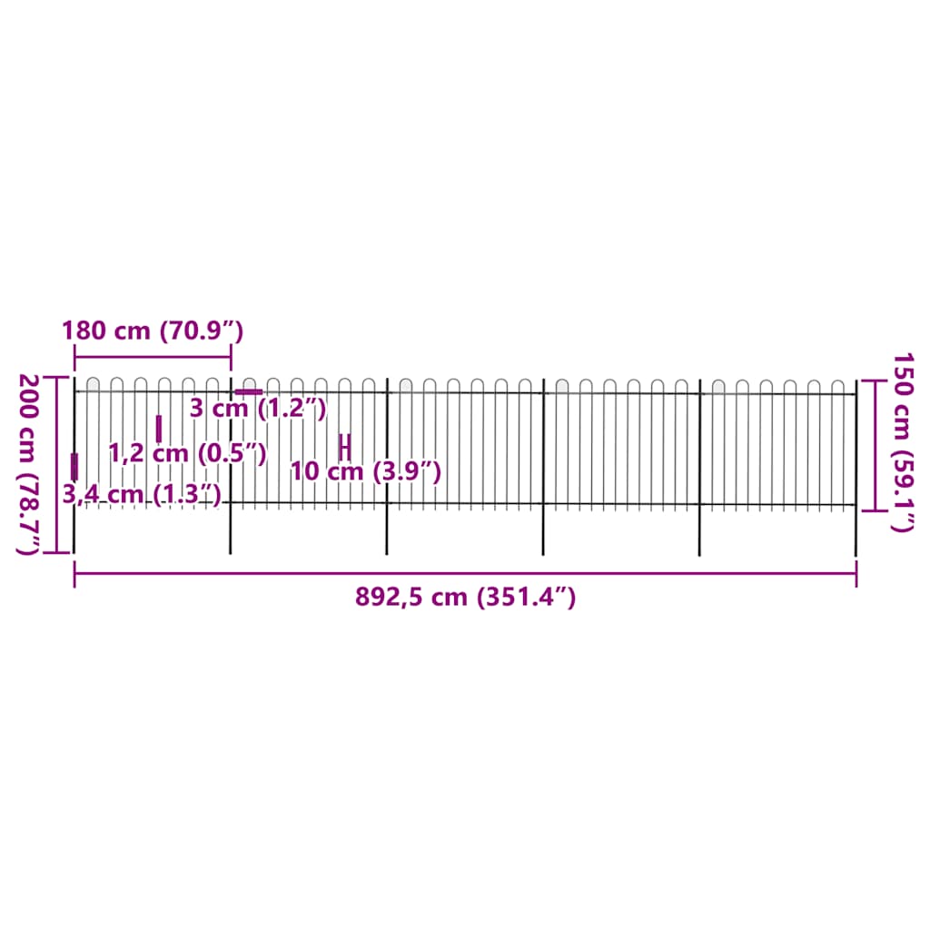 Cerca de jardim com arco superior em aço 892,5x150 cm preta