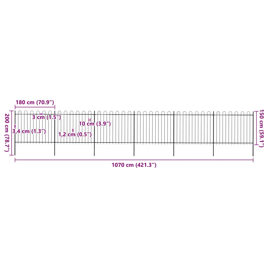 Cerca de jardim com arco superior em aço 1070x150 cm preta