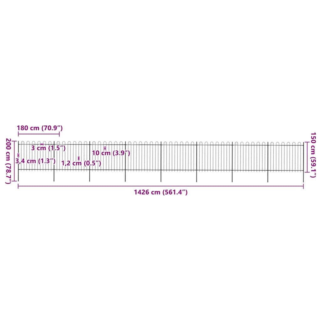Cerca de jardim com arco superior em aço 1426 x 150 cm, preta