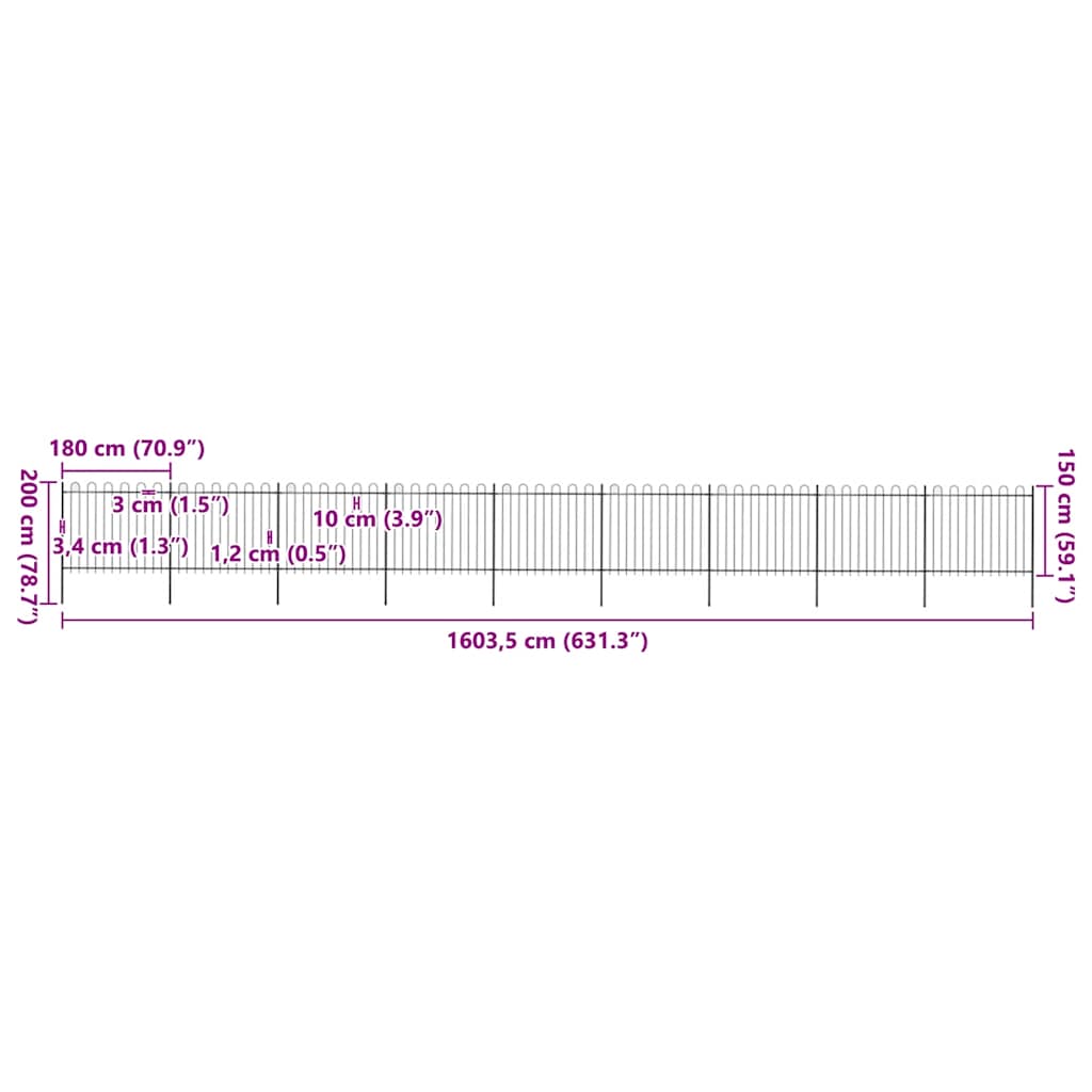 Cerca de jardim com arco superior em aço 1603,5x150 cm preta
