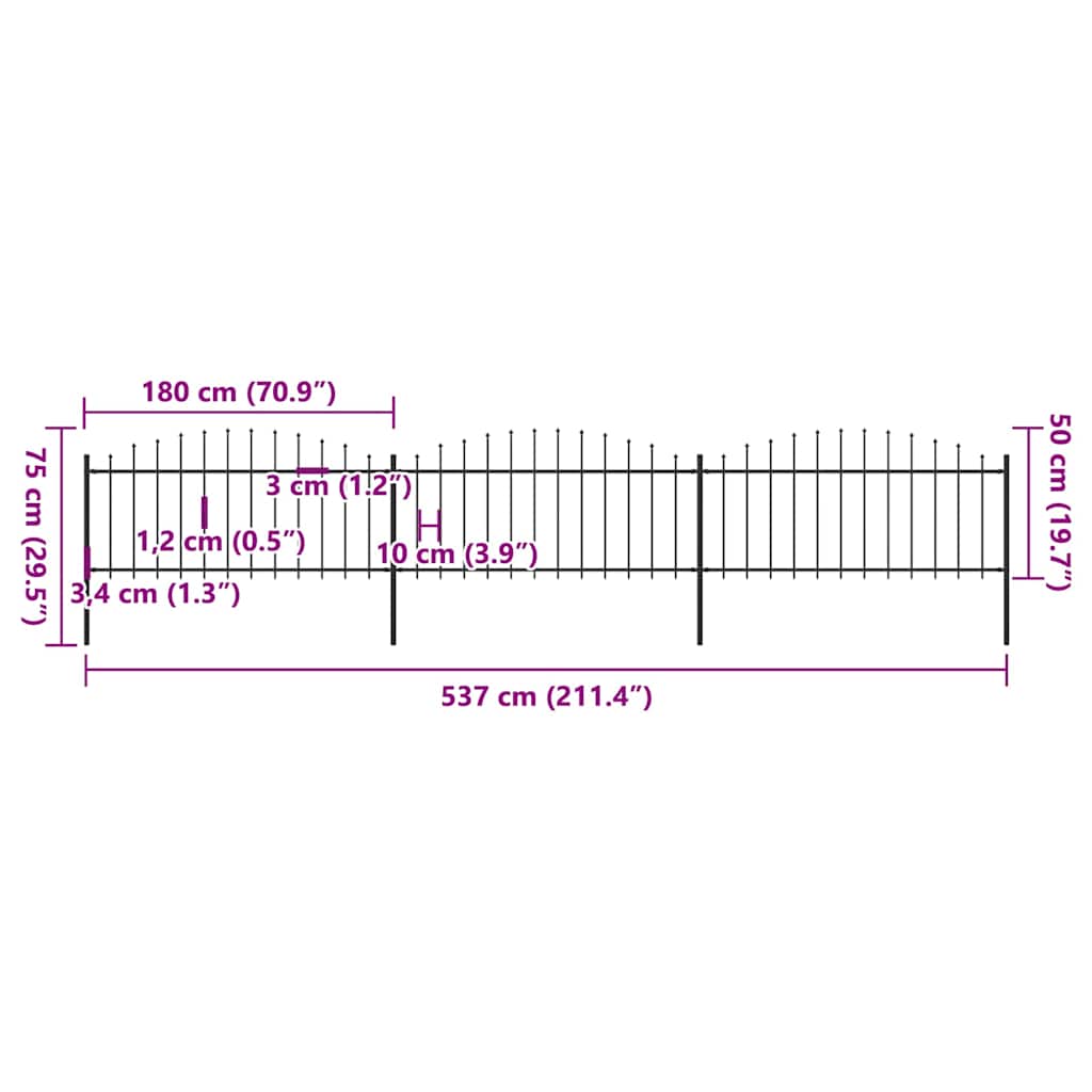 Cerca de jardim com topo em forma de lança em aço 537x200 cm, preta