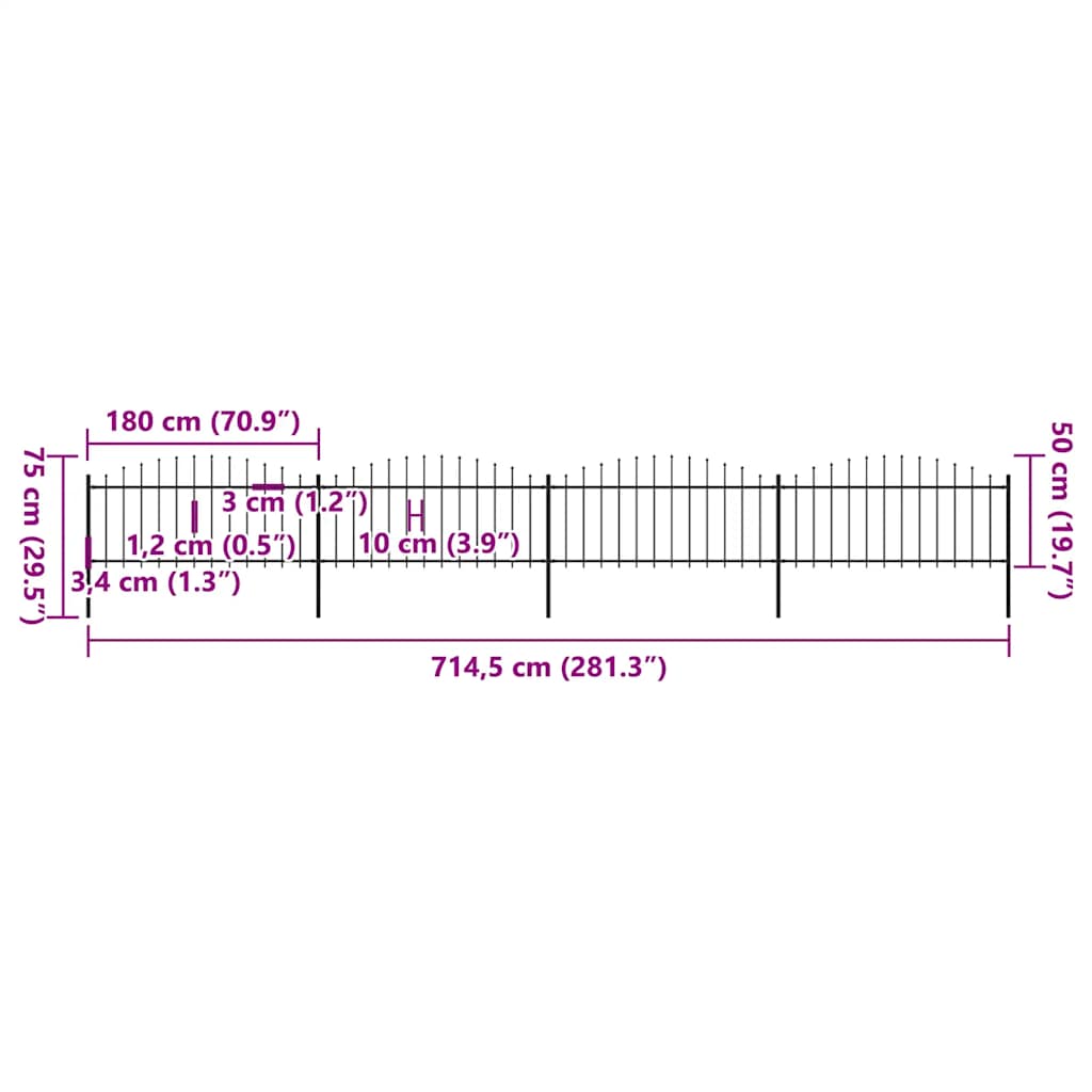 Cerca de jardim com topo em forma de lança em aço 714,5x200 cm, preta