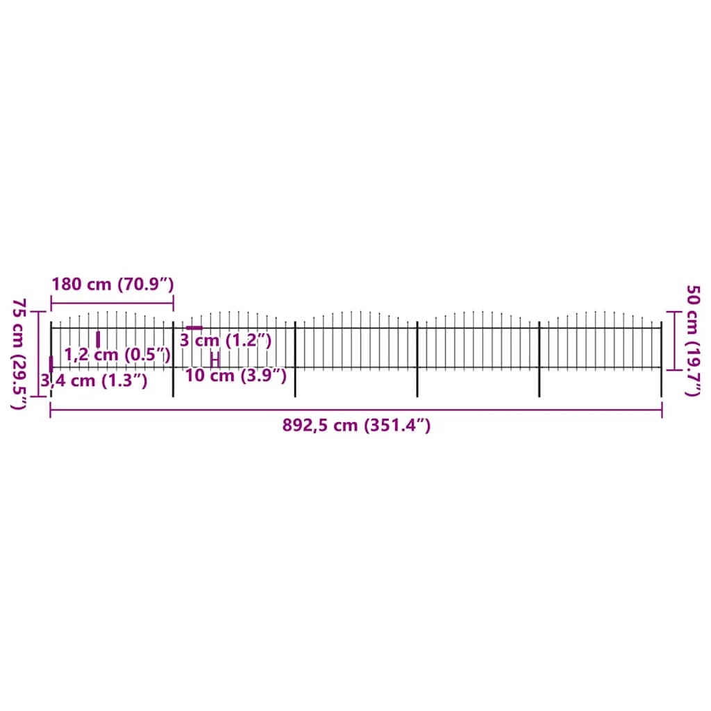 Cerca de jardim com topo em forma de lança em aço 892,5x200 cm, preta