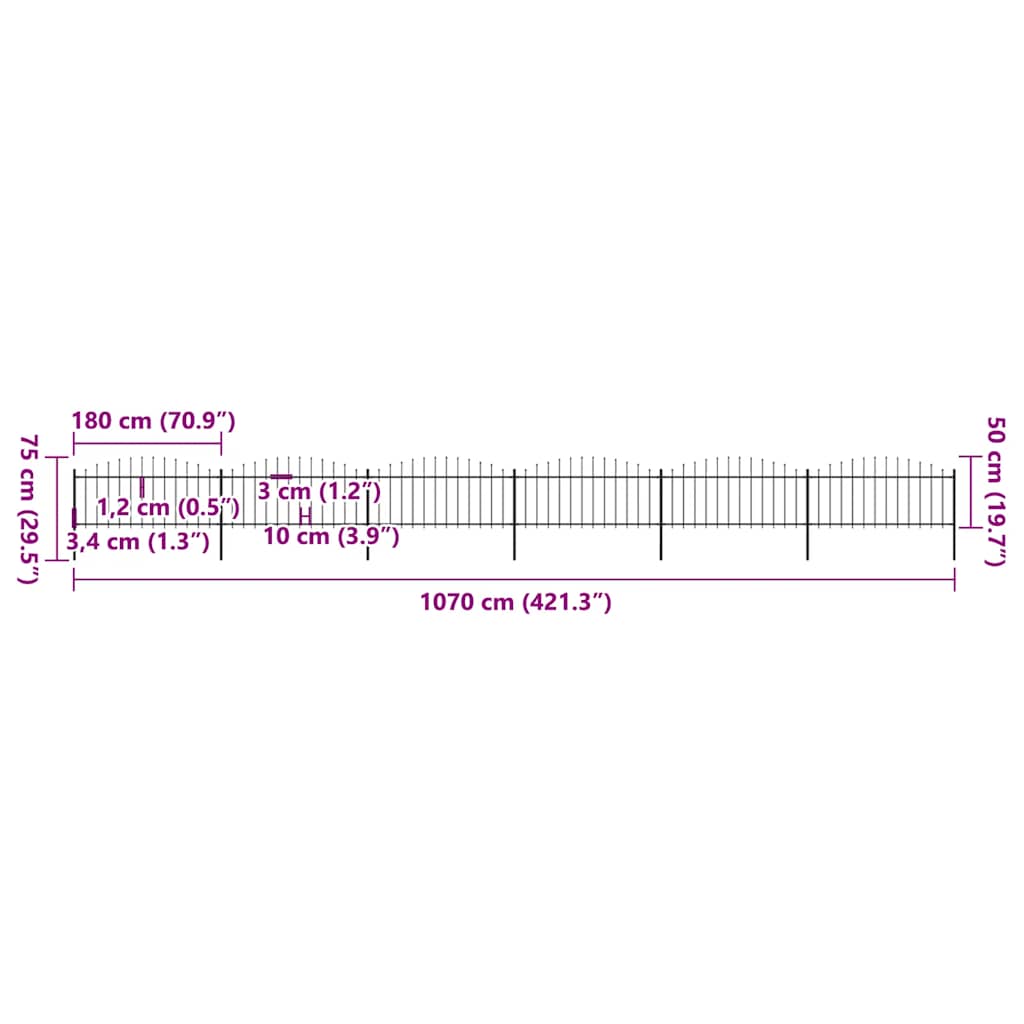 Cerca de jardim com topo em forma de lança em aço 1070x200 cm, preta