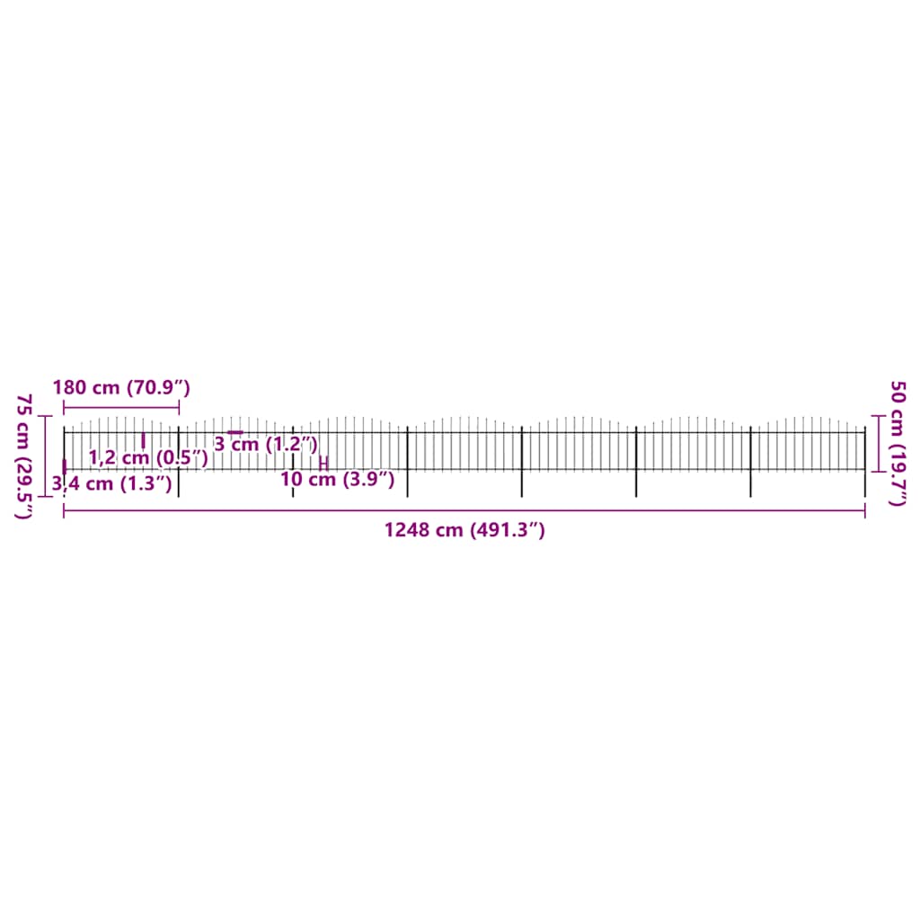 Cerca de jardim com topo em forma de lança em aço 1248x175 cm, preta