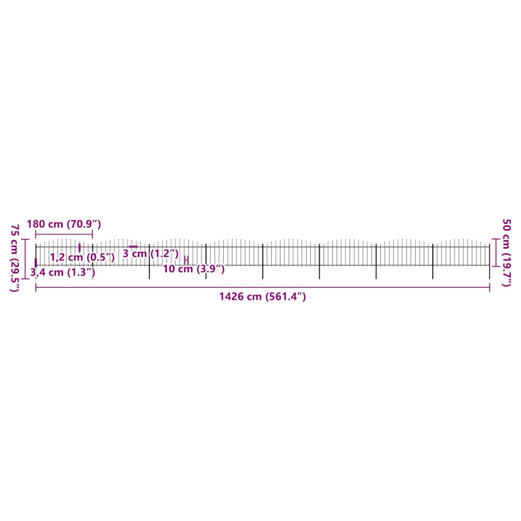 Cerca de jardim com topo em forma de lança em aço 1426x175 cm, preta