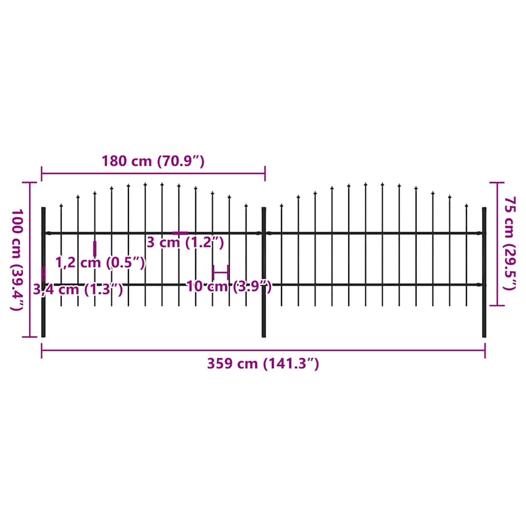 Cerca de jardim com topo em forma de lança em aço 359x200 cm, preta