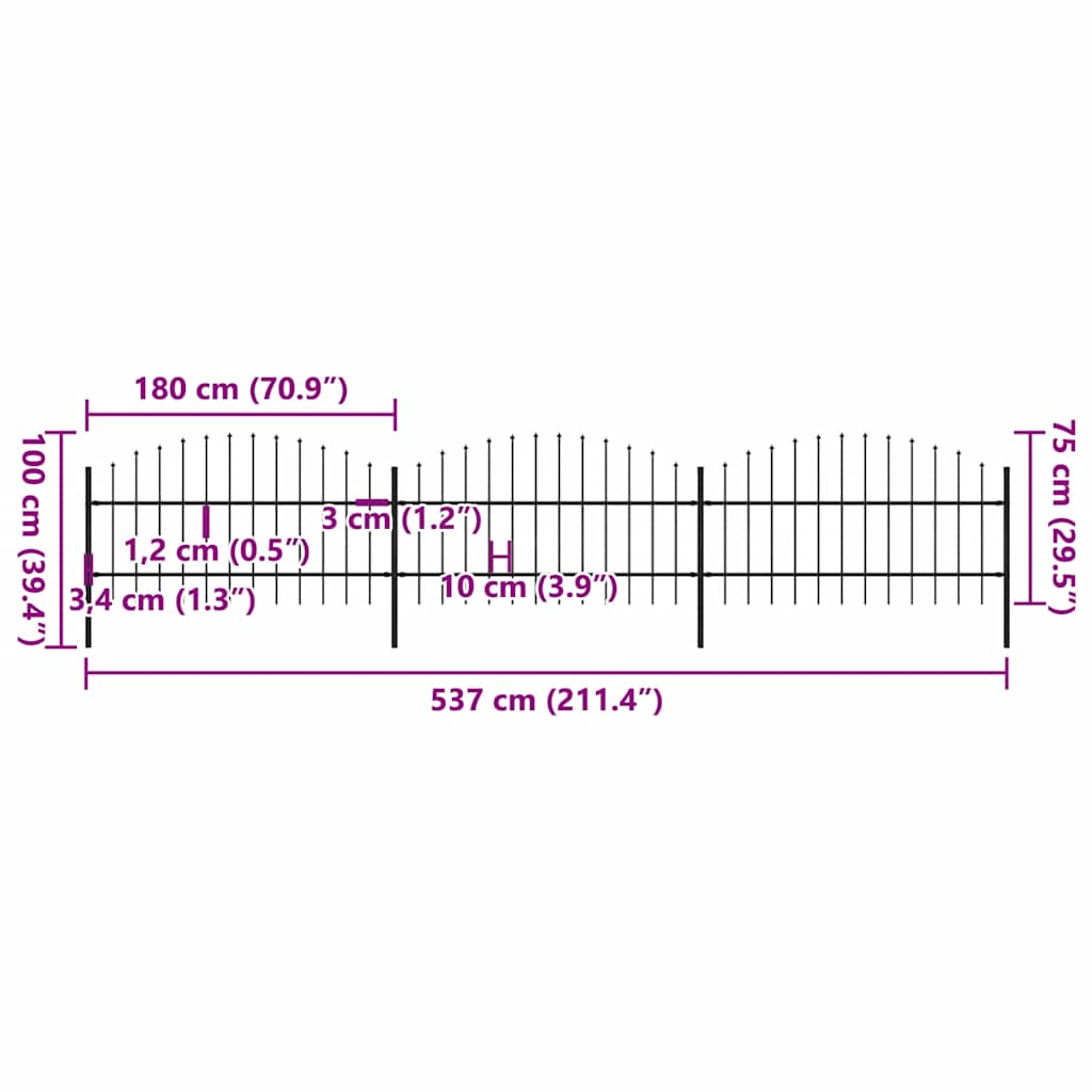 Cerca de jardim com topo em forma de lança em aço 537x200 cm, preta