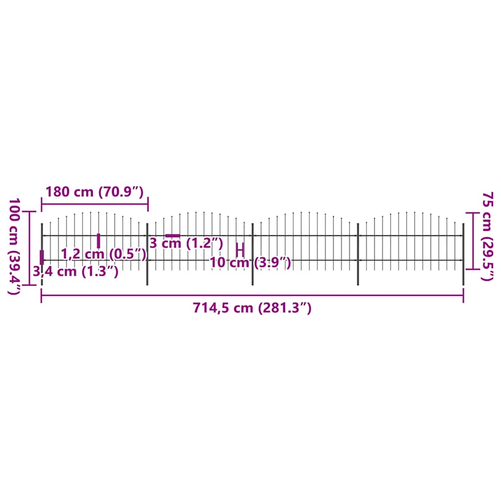 Cerca de jardim com topo em forma de lança em aço 714,5x200 cm, preta