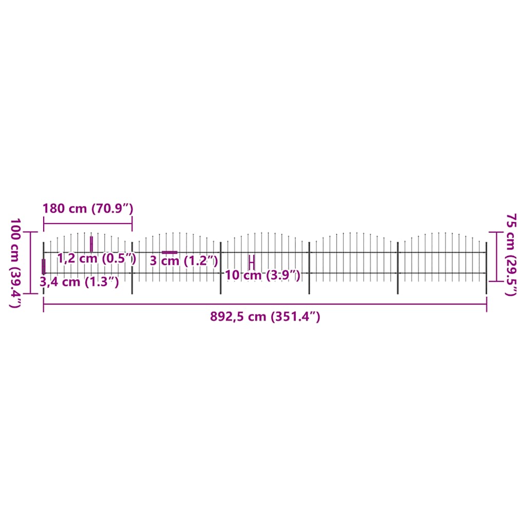 Cerca de jardim com topo em forma de lança em aço 892,5x200 cm, preta