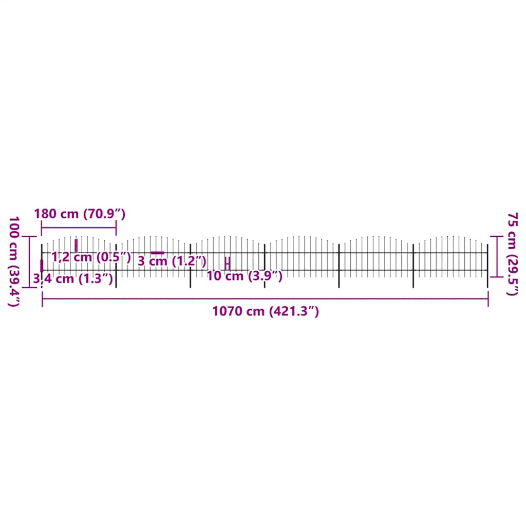 Cerca de jardim com topo em forma de lança em aço 1070x200 cm, preta