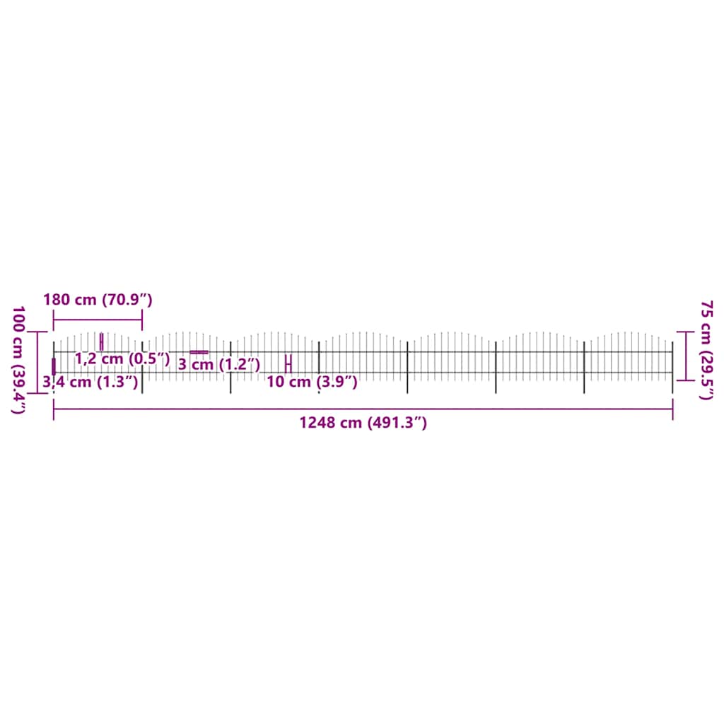 Cerca de jardim com topo em forma de lança em aço 1248x175 cm, preta