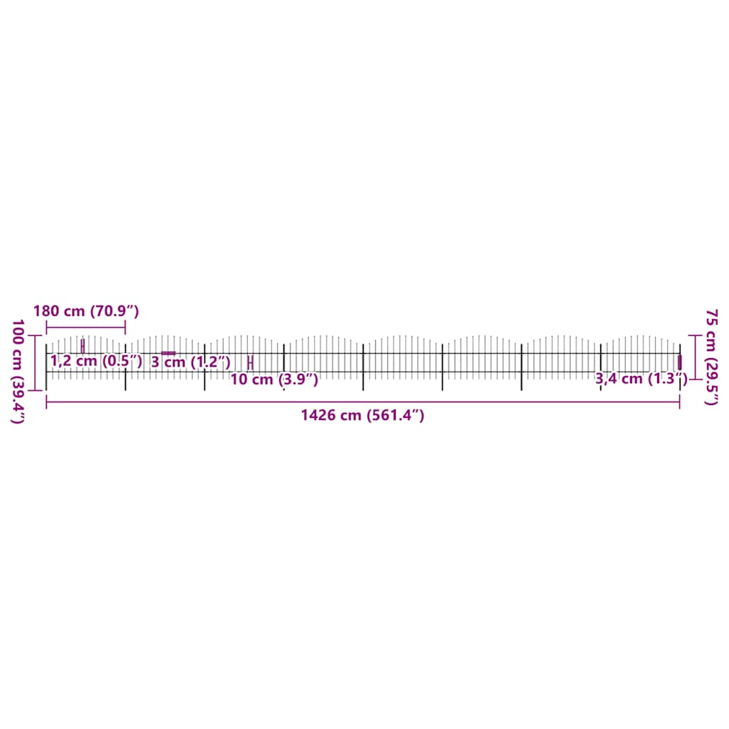 Cerca de jardim com topo em forma de lança em aço 1426x175 cm, preta