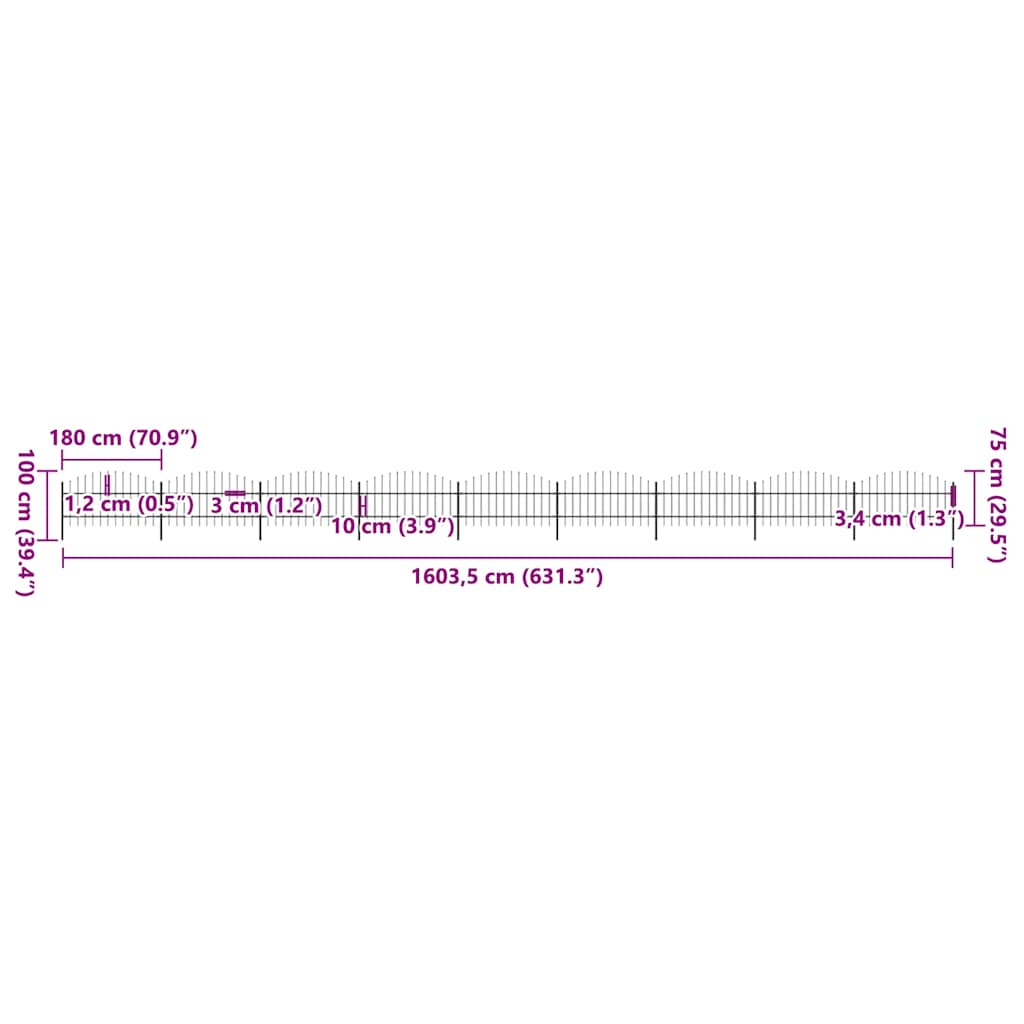 Cerca de jardim com topo em forma de lança em aço 1603,5x200 cm, preta