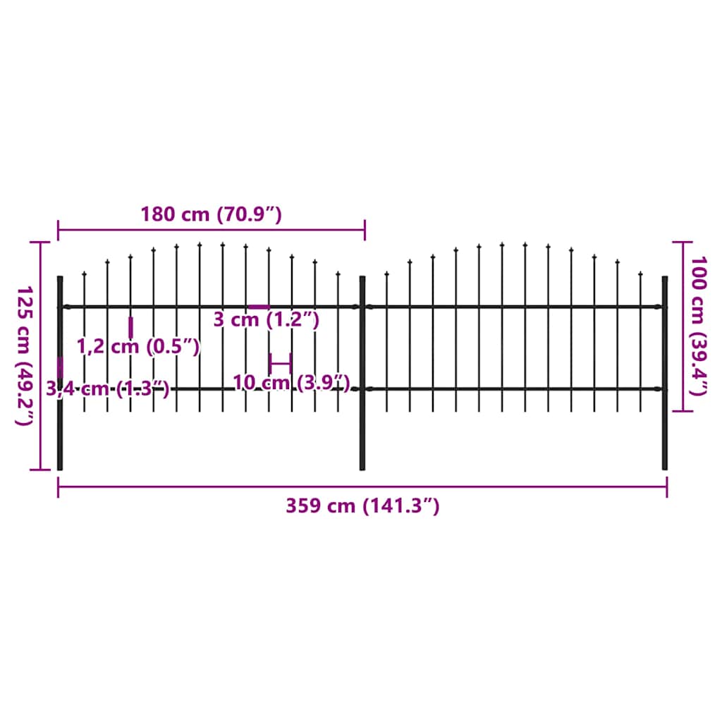 Cerca de jardim com topo em forma de lança em aço 359x200 cm, preta