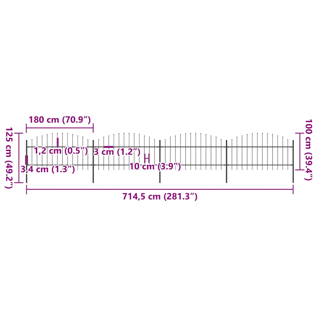 Cerca de jardim com topo em forma de lança em aço 714,5x200 cm, preta