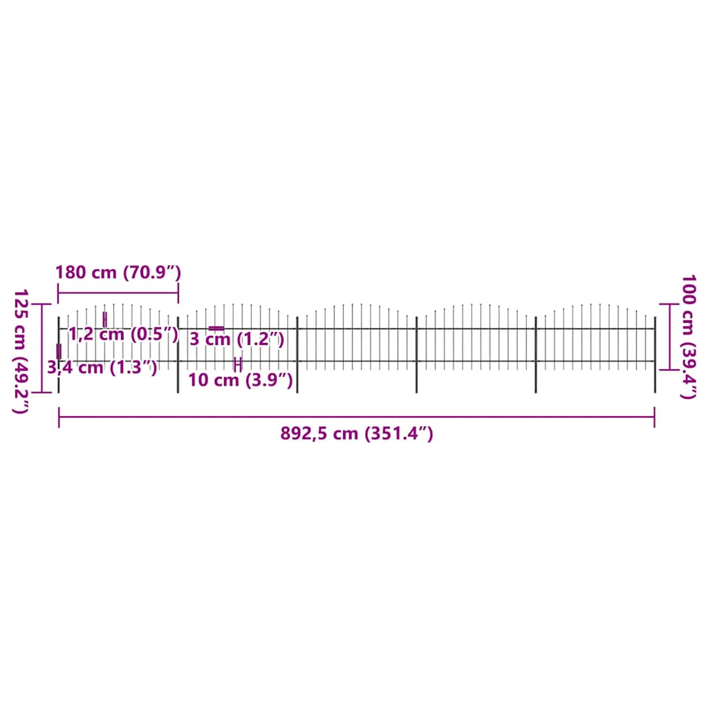 Cerca de jardim com topo em forma de lança em aço 892,5x200 cm, preta