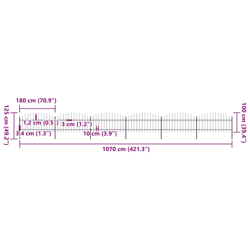 Cerca de jardim com topo em forma de lança em aço 1070x200 cm, preta