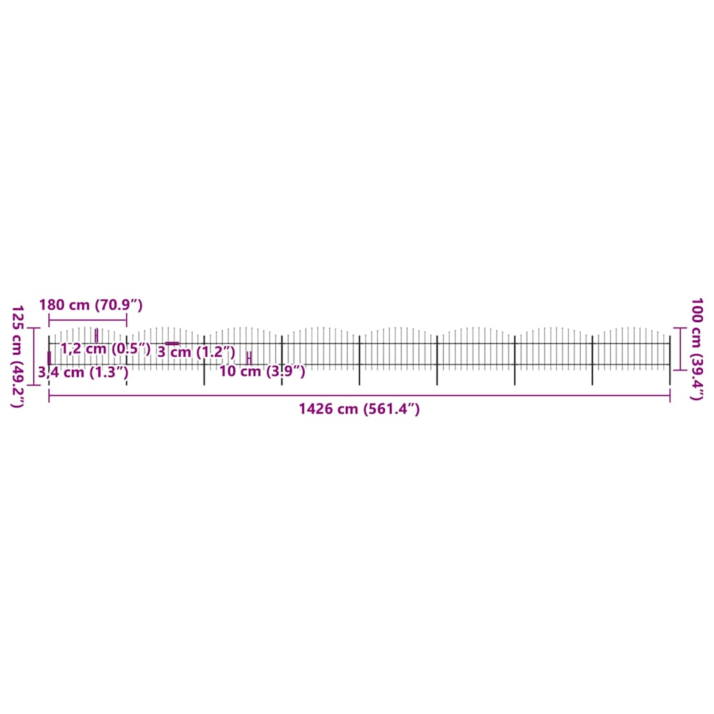 Cerca de jardim com topo em forma de lança em aço 1426x175 cm, preta