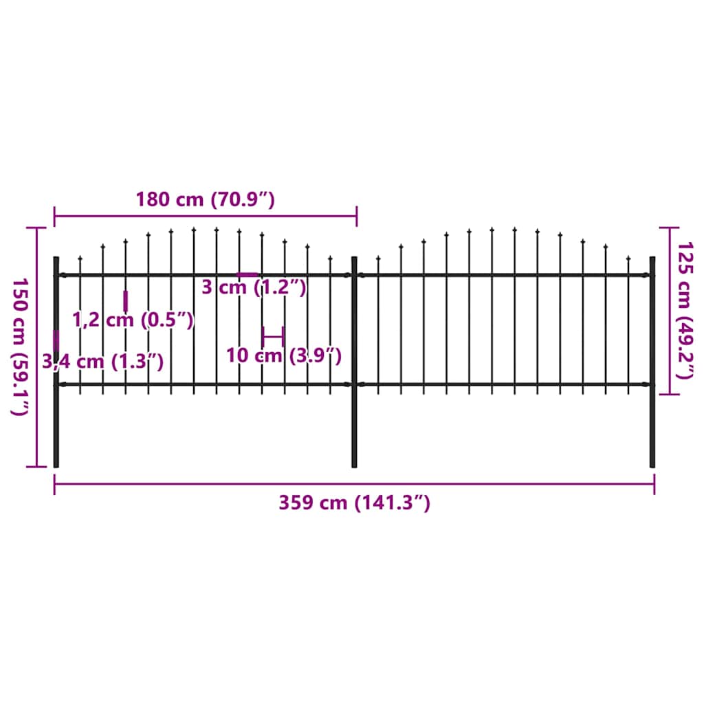 Cerca de jardim com topo em forma de lança em aço 359x200 cm, preta