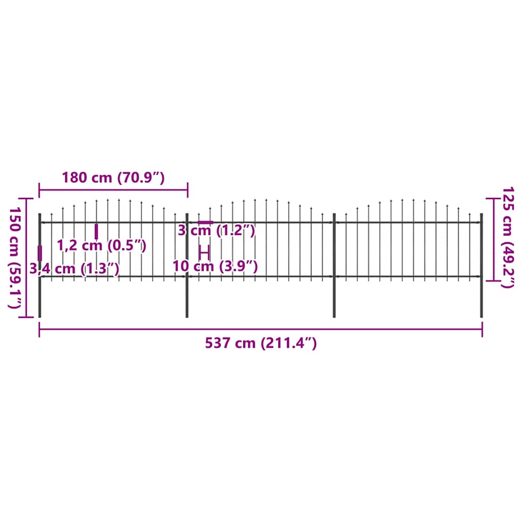 Cerca de jardim com topo em forma de lança em aço 537x200 cm, preta