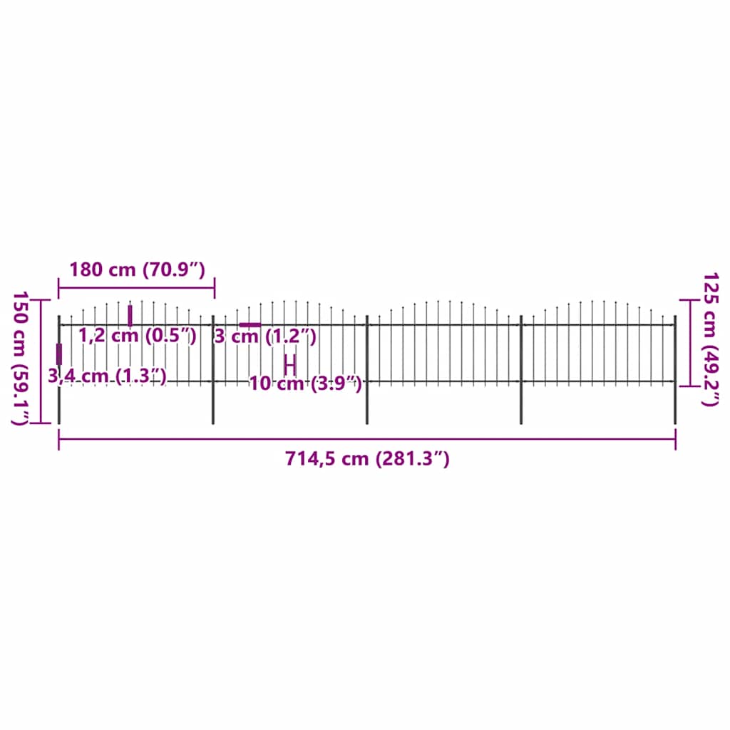 Cerca de jardim com topo em forma de lança em aço 714,5x200 cm, preta