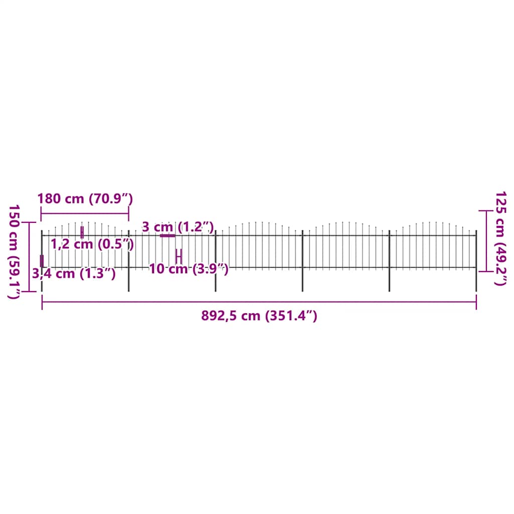 Cerca de jardim com topo em forma de lança em aço 892,5x200 cm, preta