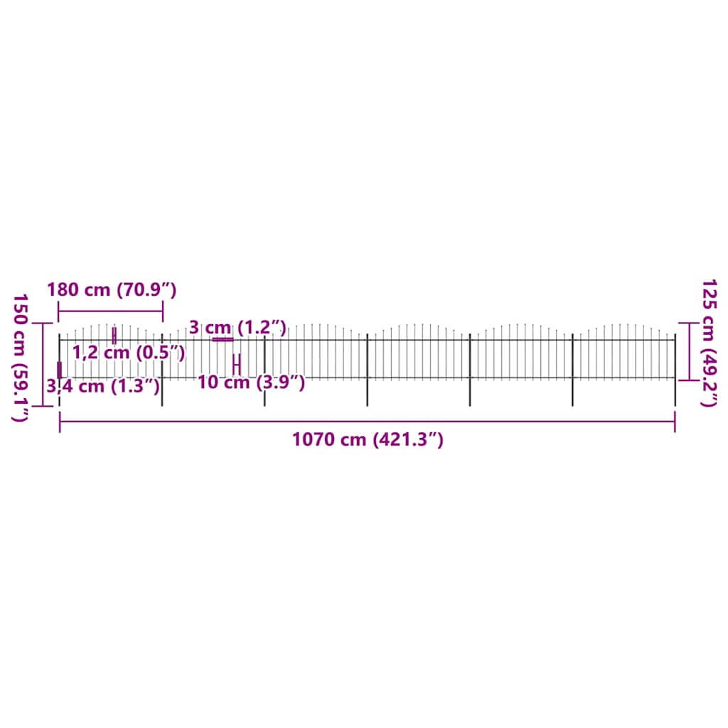 Cerca de jardim com topo em forma de lança em aço 1070x200 cm, preta