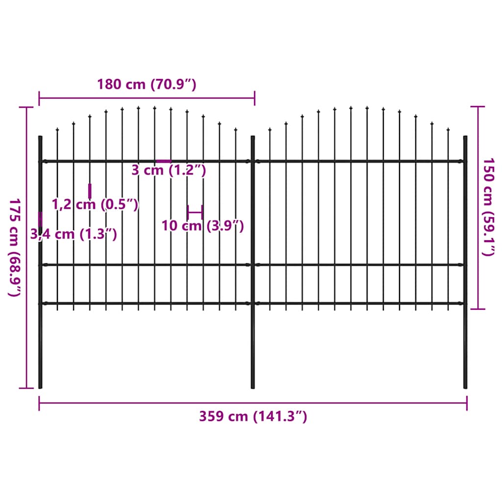 Cerca de jardim com topo em forma de lança em aço 359x200 cm, preta