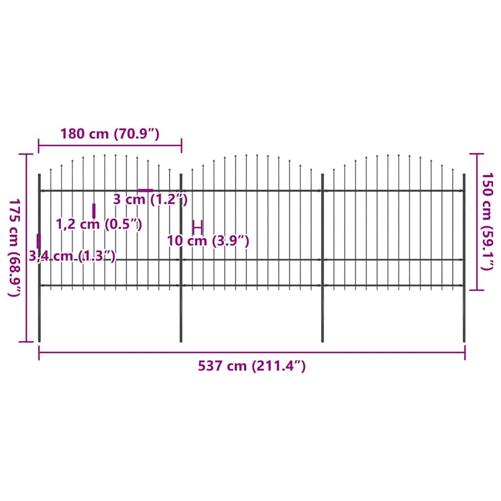 Cerca de jardim com topo em forma de lança em aço 537x200 cm, preta